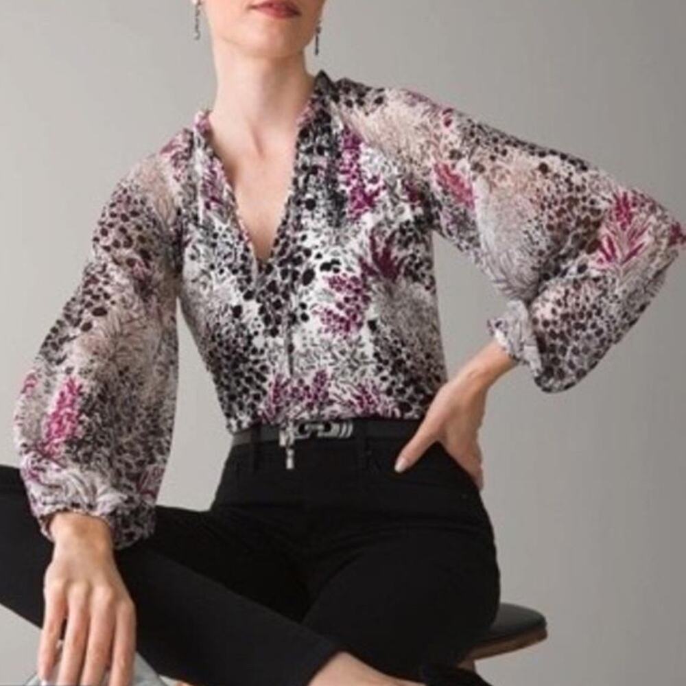 White House Black Market Blouse Top Floral Boho Black Purple Size small S